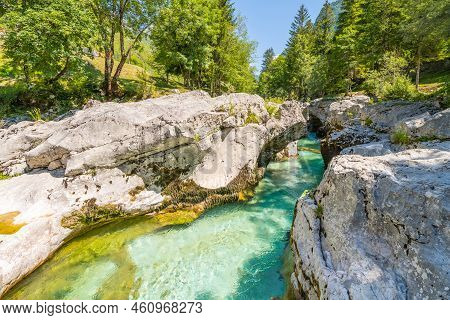Clear Water Of Soca River At Small Soca Gorge, Julian Alps, Slovenia