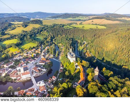 Rozmberk Castle Above Vltava River, Rozmberk Nad Vltavou, Czech Republic . Aerial View From Drone.
