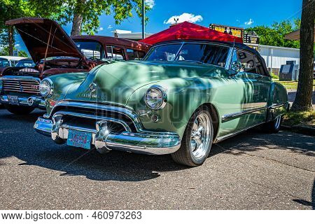 Falcon Heights, Mn - June 17, 2022: Low Perspective Front Corner View Of A 1948 Oldsmobile 98 Futura
