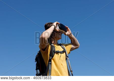 Happy Adventuring Male Wearing Vr Headset Augmented Reality Virtual Reality In Beautiful Mountain La