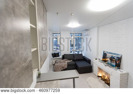 Modern Studio Flat With Small Kitchen, Sofa.