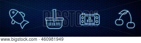 Set Line Portable Video Game Console, Fish, Picnic Basket And Cherry. Glowing Neon Icon On Brick Wal