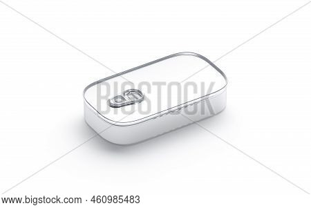 Blank Aluminum Sardine Conserve Can Label Mockup, Side View, 3d Rendering. Empty Conserved Goods In 