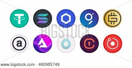 Cryptocurrency Symbol, Sign, Set Of Vector Coins For Crypto Currency Logos. Flat Solana Ecosystem To