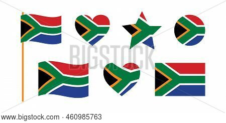 South Africa Flag Signs Set, Snar Shape, Heart Shape Decorative Element. Independence Day Of South A