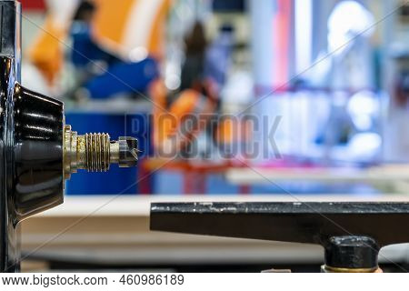 Close Up Spur Or Drive Center In Head Stock Spindle For Workholding Of Wood Lathe Or Wood Turning Ma