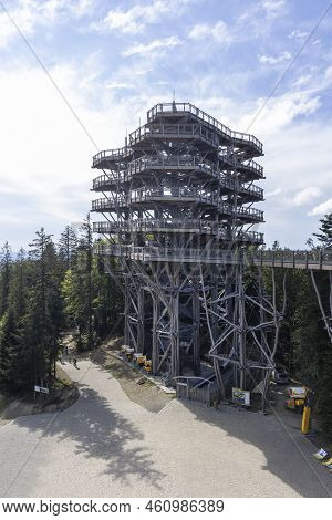 Krynica-zdroj, Slotwiny, Beskid Mountains , Poland - September 1, 2022: Observation Tower Located At