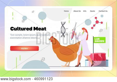 Scientist With Syringe Inspecting Chicken Meat Sample In Laboratory Artificial Lab Grown Meat Produc