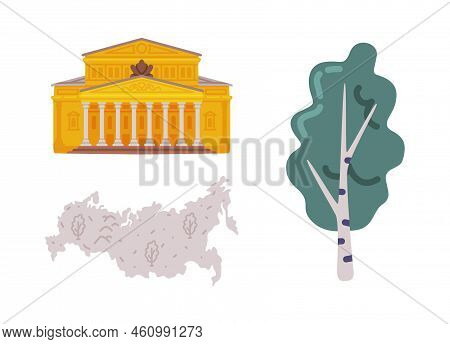 Bolshoi Theatre In Moscow, Birch Tree And Map Boundary As Russian Symbol Vector Set