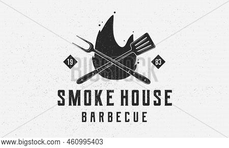 Smoke House - Vintage Logo Concept. Logo Of Barbecue, Grill, Smoke House With Fire Flame, Grill Fork