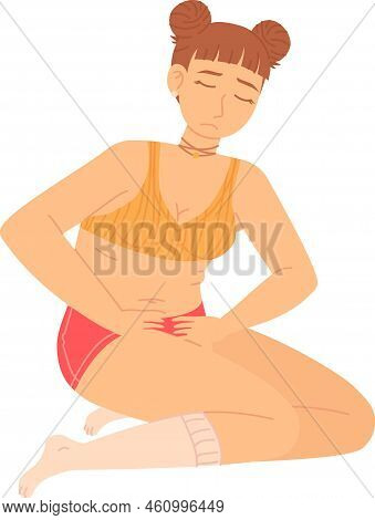 Yoing Girl Suffering From Pms Period Pain. Woman Sitting Wirh Hands On Stomach. Sycke Cramps Concept
