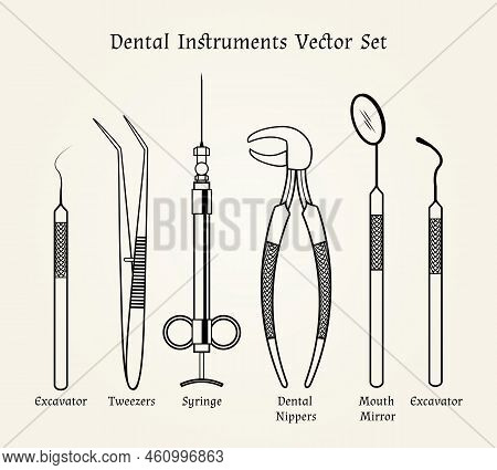 Vintage Dentist Tools. Medical Equipment In Retro Style. Dental Mirror, Nippers And Syringe, Tweezer