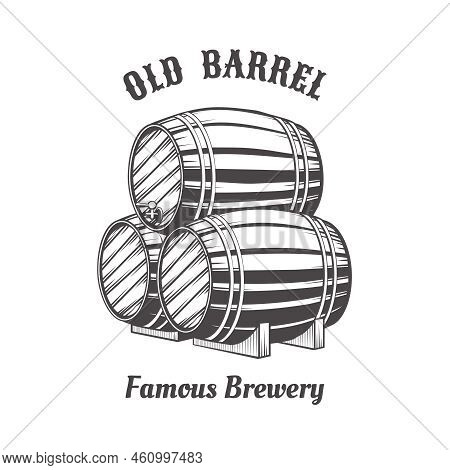 Logo Design With Wooden Beer Barrels For Pab. Alcohol, Old Keg, Conteiner And Object, Winery Storage