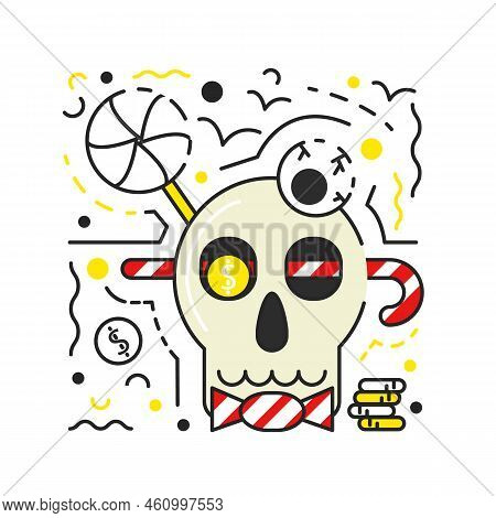 Human Skull With Eye Over Isolated On White. Halloween Traditional Symbols Textured Concept Design. 