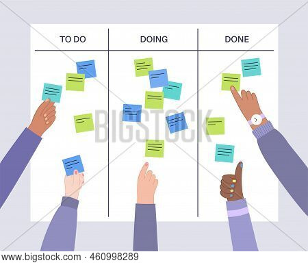 Kanban Board Methodology. Meeting Process, Cards With Tasks On Whiteboard, Teamwork Visualization In