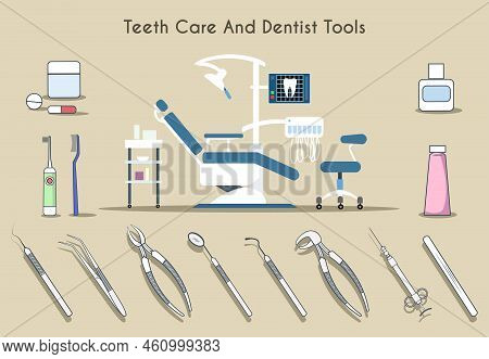 Teeth Care And Dentist Tools. Healthy Medicine, Medical Tooth, Dental Mirror And Toothpaste, Toothbr
