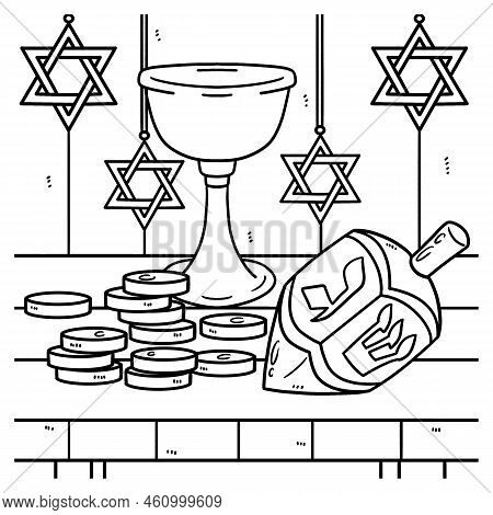 A Cute And Funny Coloring Page Of A Dreidel, Coins And Chalice. Provides Hours Of Coloring Fun For C