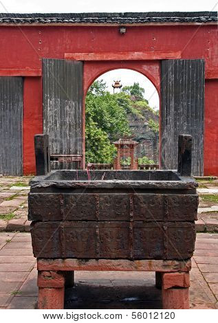Fragment Of A Temple Courtyard With Sacrifice Caldron And An Open Gate In Qiyun Mountain, Anhu