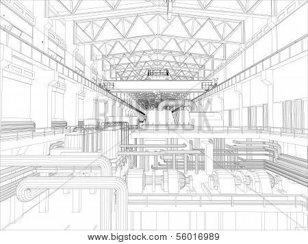 Gantry crane in a factory environment. Wire-frame