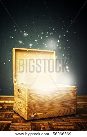 Open Magical Wooden Crate Box On The Floor
