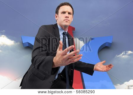 Businessman posing with arms out against book steps leading to door against sky