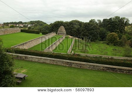 The Dovecote and garden terraces at Aberdour Castle, Fife, Scotland