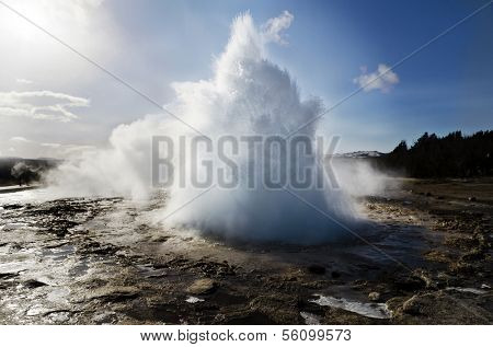 large eruption of the Strokkur geysir in the Geysir Area, part of the Golden Circle, Iceland