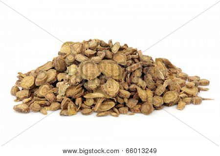 Scutellaria root used in chinese herbal medicine over white background.  Huang qin.