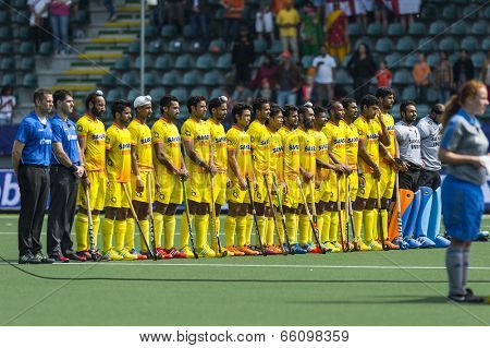 THE HAGUE, NETHERLANDS - JUNE 2: The Indian national field Hockey team at the line up of their match against England at the Rabobank World Cup Hockey 2014
