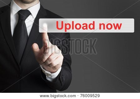 Businessman Pushing Flat Button Upload Now