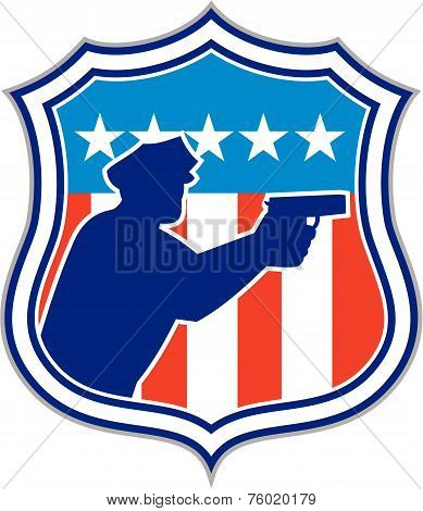 Policeman Silhouette With Gun Flag Shield Retro