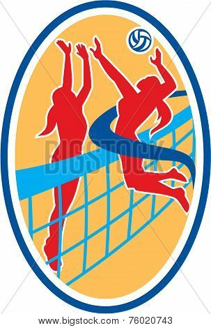 Volleyball Player Spiking Ball Blocking Oval