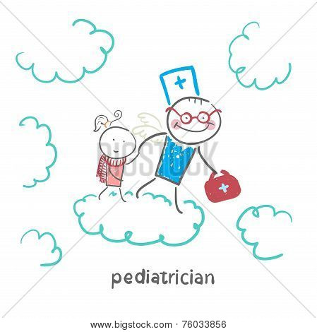 pediatrician with baby runs on clouds