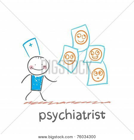 psychiatrist studying photos of demented patients