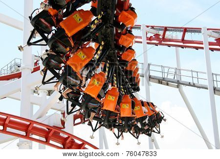 Rollercoaster Ride With Sky At Theme Park