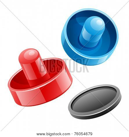 Mallets and puck for playing air hockey game. Eps10 vector illustration. Isolated on white background