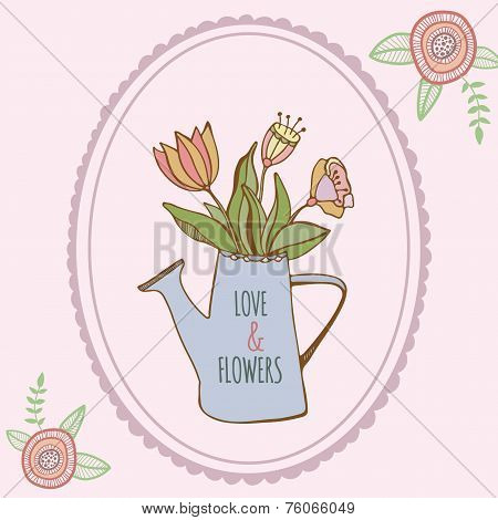 Watering can with hand drawn colorful flowers with openwork nature