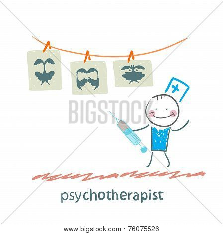 psychotherapist  shows a picture test and standing with syringe