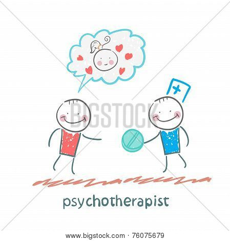 psychotherapist  gives the patient a pill