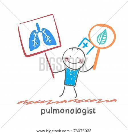 pulmonologist holding posters with the image of the lungs