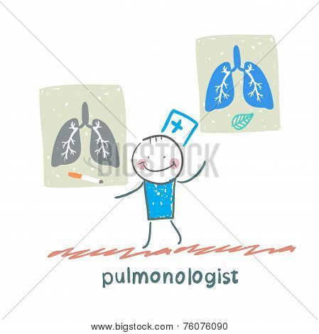 pulmonologist with placards on which painted light smoker and a healthy person