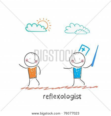 reflexologist with a needle catches patient