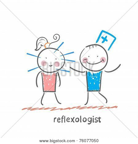 reflexologist works with a patient with needles