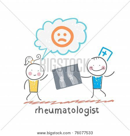 rheumatologist shows an x-ray the patient's legs