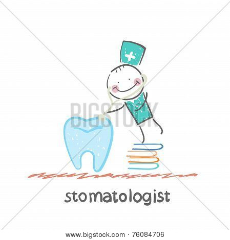 stomatologist   standing on a pile of books and a stethoscope listens to a large tooth