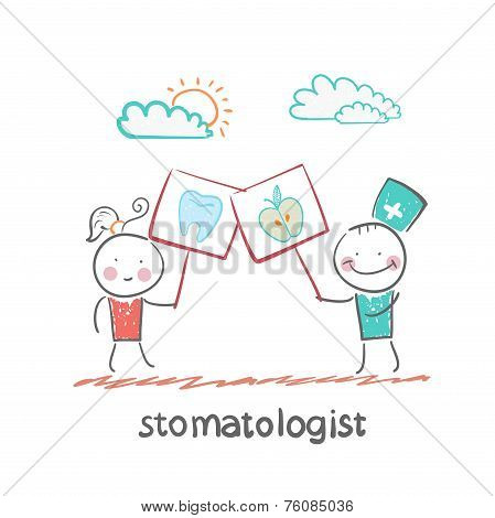 stomatologist holding a poster with the apple and the next man holds a poster with a tooth
