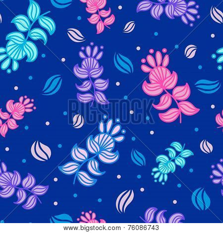 Dark blue seamless pattern with colorful imaginary flowers