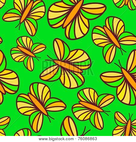 Joyful bright green seamless pattern with floating butterflies