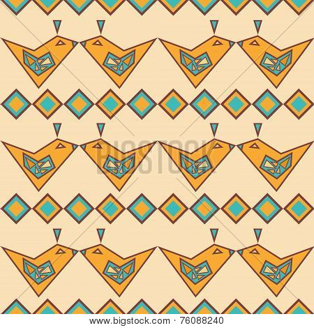 Ethnic Seamless Pattern With Yellow Geometric Birds