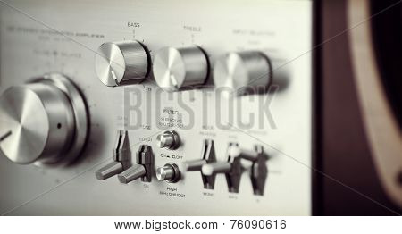 Vintage Stereo Audio Amplifier Front Panel Volume Knob Closeup